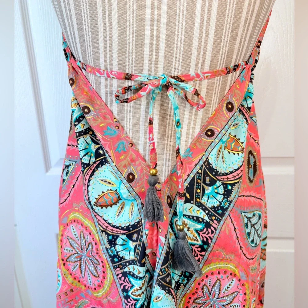 Silk Boho India Floral Gold Metallic Swimsuit Cover Up Medium - Picture 7 of 9